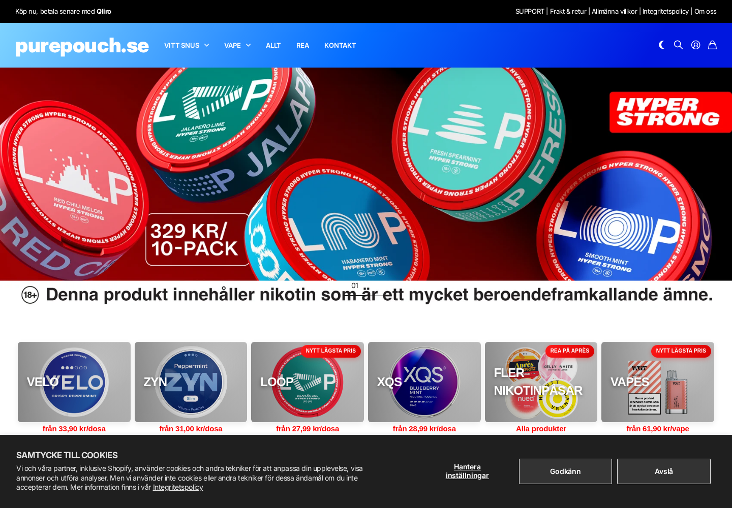 Startsidan för PurePouch webbplats.