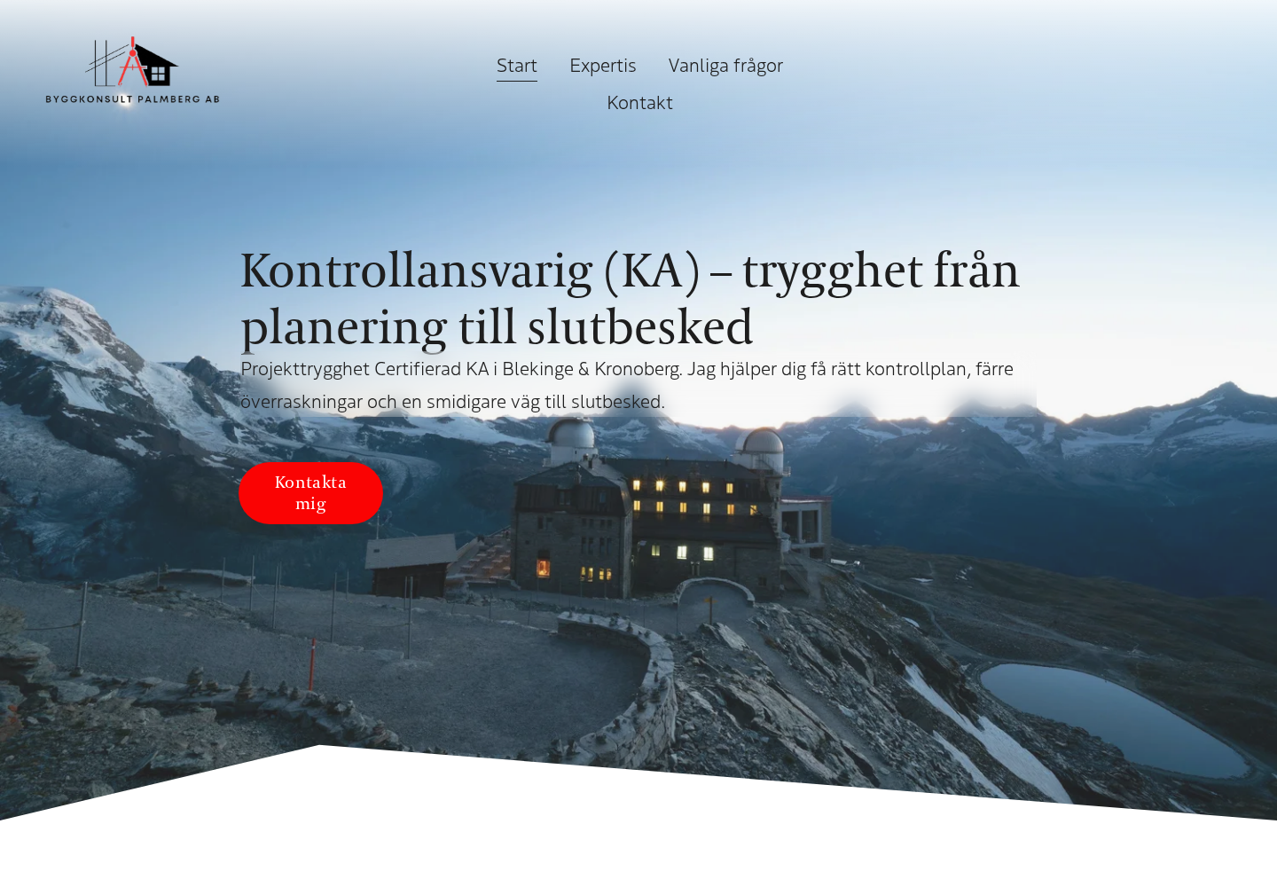 Startsidan för Byggkonsult Palmbergs webbplats.